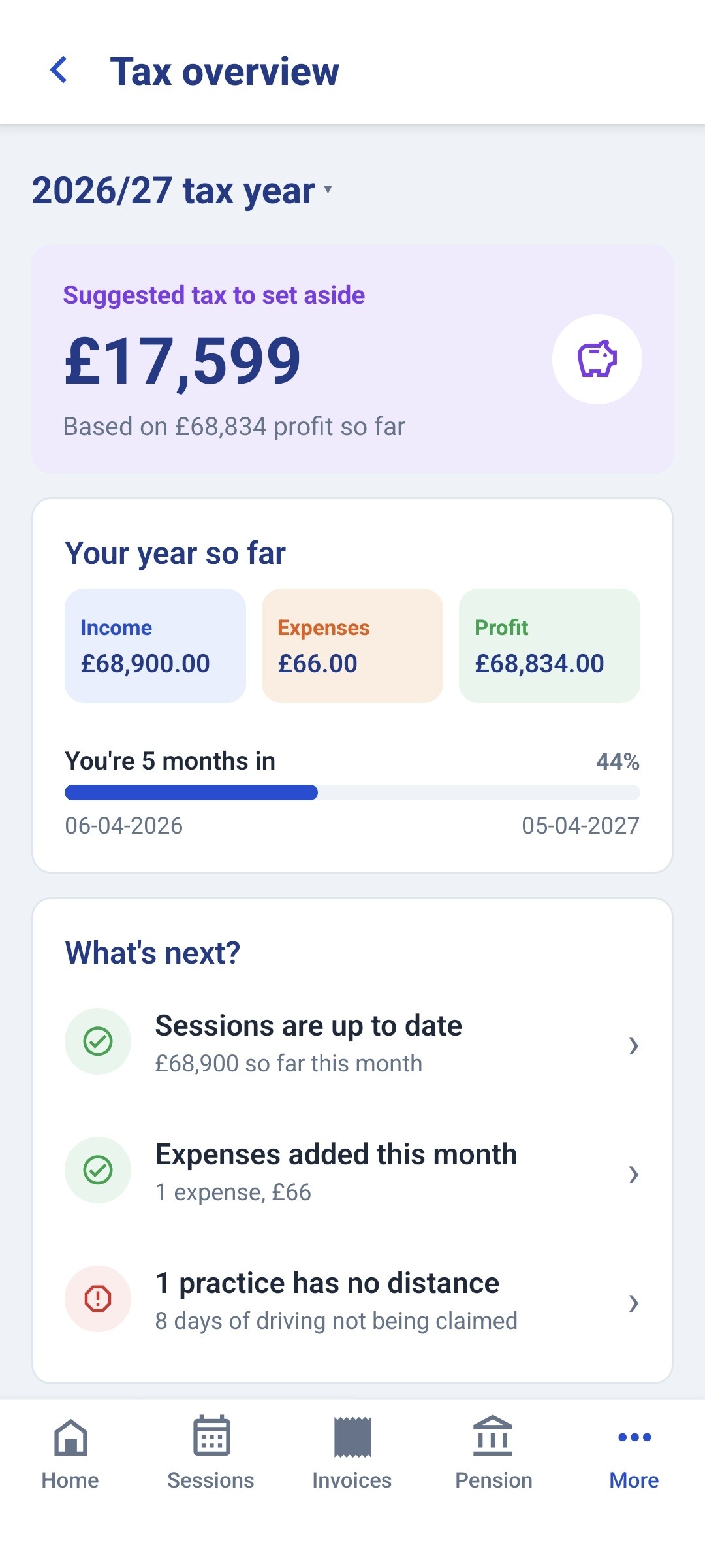 The Tax overview screen, showing the suggested tax to set aside alongside income, expenses and profit for the year